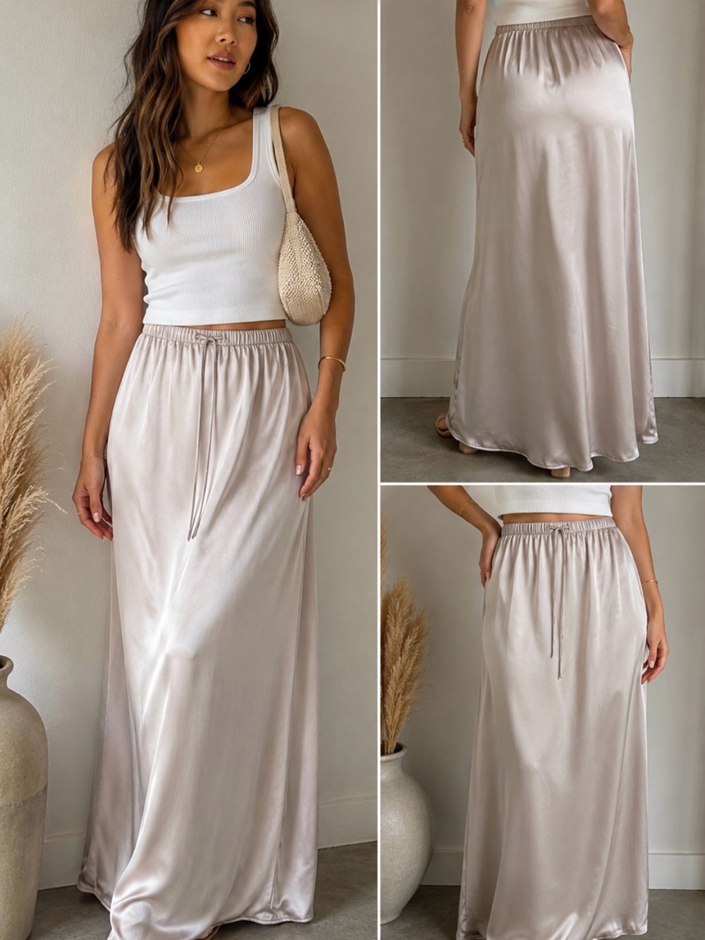 Song of Style Aimee Song Champagne Satin Maxi Skirt XL Drawstring